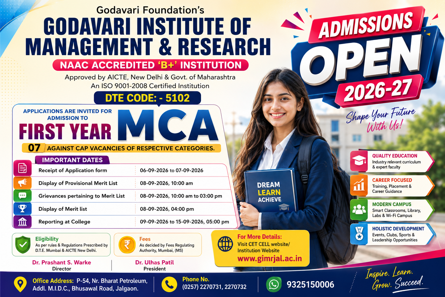 Godavari Institute of Management & Research MCA Admissions Open 2026-27